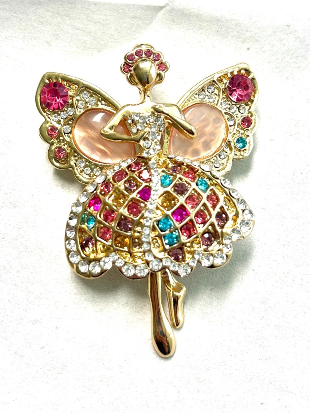 Brooch Dancer/Angel NIP- multi color rhinestones on a gold tone base